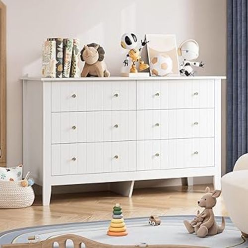 FOTOSOK White Dresser, Chest of Drawers, Modern 6 Drawer Double Dressers with Deep Drawers, Nursery Dresser for Baby, Wide Storage Organizer Cabinet for Living Room, Hallway,White