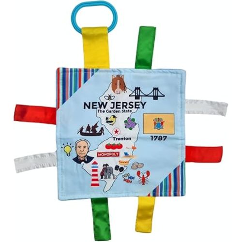 Baby Jack & Co 8x8” Learning Lovey New Jersey State Tag Stroller Toy for Babies - Crinkle Toys for Developing Five Senses - Learn About Capitals - Travel with Baby Jack - BPA Free Clip