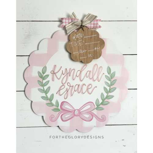 hospital door hanger for girls // painted bow // pink plaid // greenery arch // nursery name sign