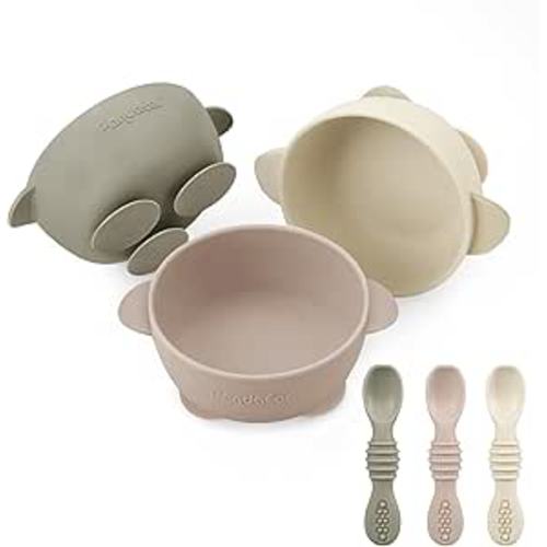 PandaEar 3 Pack Baby Suction Bowls with 3 Spoons, Stay Put Silicone Food Bowl Babies Led Weaning Supplies for Kids Toddlers, BPA-Free, Linen Brown Tan
