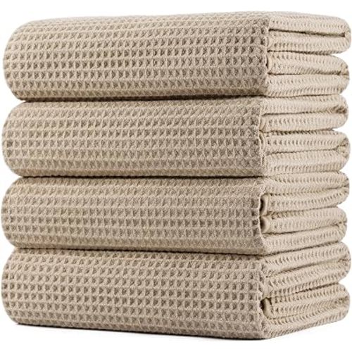 POLYTE 430 GSM Microfiber Oversize Quick Dry Lint Free Bath Towel, 60 x 30 in, 4 Pack (Waffle Weave)