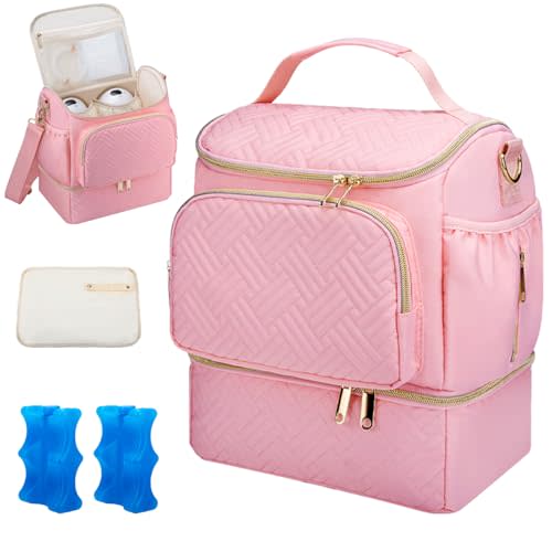 Wearable Breast Pump Bag with Cooler Compartment Compatible with Willow/Elvie/Medela/Momcozy M5/S12 Pro, Breast Milk Cooler Travel Bag with Ice Pack & Mat, Pumping Bags for Work, Pink