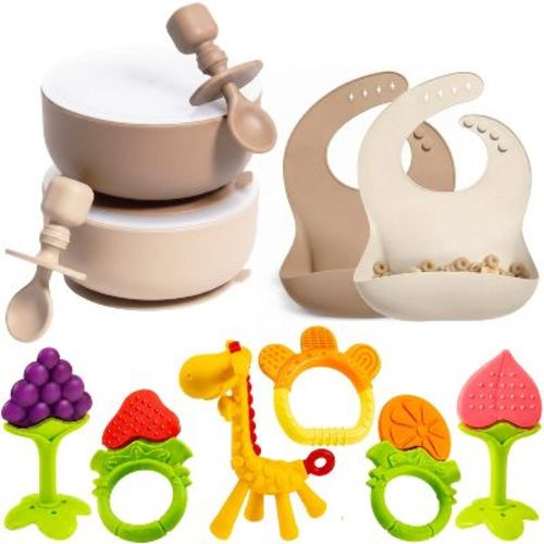 Silicone Baby Feeding Set, Suction Bowls with Lids, Adjustable Bibs, Teething Toys for Babies 0-6 Months, BPA Free Dishwasher & Freezer Safe - Neutral