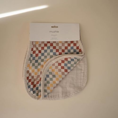mushie Muslin Baby Burp Cloths | 100% Organic Cotton, Set of 2 (Retro Check/Fog)