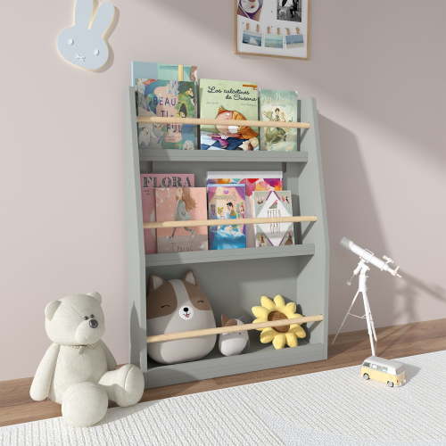Miniyam 3-Tier Wooden Bookshelf with Toy Storage for Kid, Gray