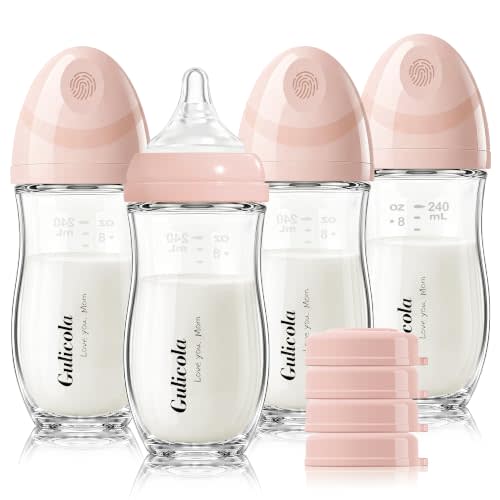 Gulicola Natural Glass Baby Bottle 8 oz for Breastfed Babies, Anti-Colic Baby Bottle Set with Medium Flow Nipple, 3 Months +, 4 Pack - Pink