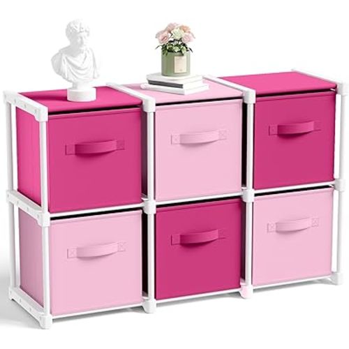 Briwooody 6 Cube Storage Organizer Bins with Shelf 11'' Drawer Dresser for Bedroom Toy Storage Box Back to School Dorm Closet Organizers Drawers Fabric Dresser for Playroom Book (Pink,Rose)