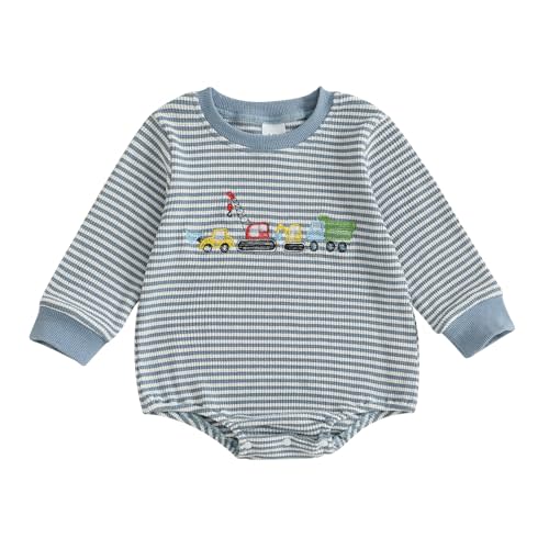 xkwyshop Newborn Baby Boy Fall Outfit Truck/Tool Long Sleeve Sweatshirt Bubble Romper Waffle Knit Striped Bodysuit Clothes