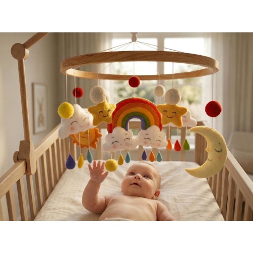 Rainbow Baby Mobile, Felt Crib Mobile, Colorful Nursery Decor, Sun Moon Cloud Mobile, Handmade Baby Mobile, Baby Shower Gift