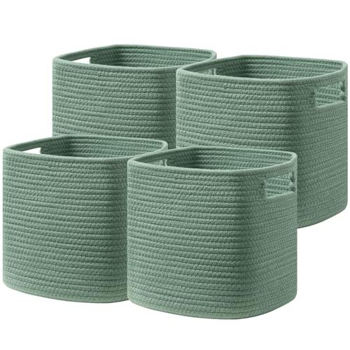 UBBCARE Set of 4 Storage Basket-11 X 10.5 X 10.5 In, Cotton Rope Basket for Shelves, Toys, Book, Cube Storage Bins with Handles, Woven Storage Basket for Organizing, Green