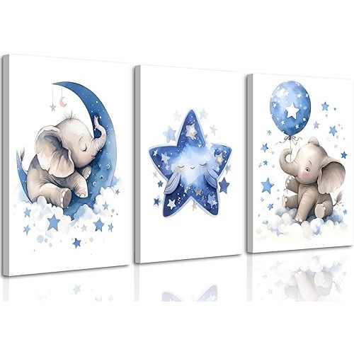 3Pcs Blue Nursery Elephant Canvas Wall Art Baby Boy Wall Decor Cute Animal Painting Pictures Moon And Stars Balloon Poster Prints for Nursery Classroom Kids Bedroom Home Decoration
