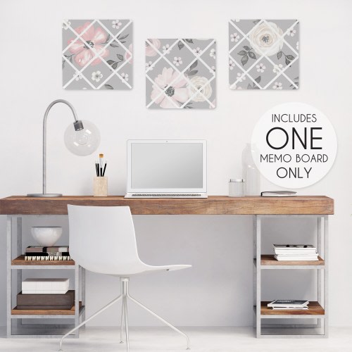 Grey Watercolor Floral 13-inch Fabric Memory Photo Bulletin Board - Blush Pink Gray White Shabby Chic Rose Flower Farmhouse