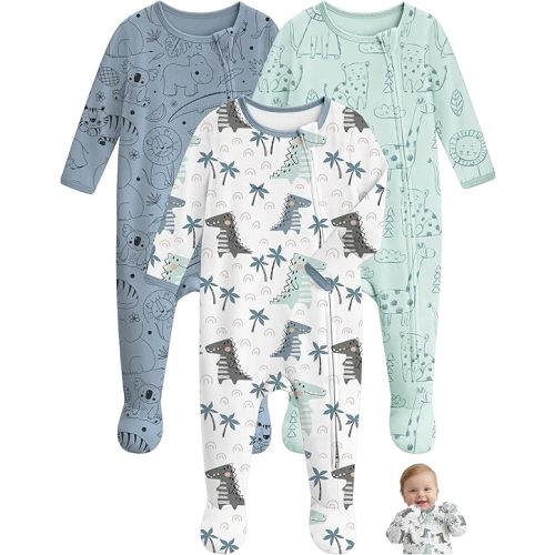 Unnivoll Baby Pajamas 100% Cotton Baby Sleepers for 0-3 Months 3Pcs Footie Pajamas Baby Boys Girls Clothes, Soft Infant Footed PJs with Mitten Cuffs, Two Way Zipper, Long Sleeve
