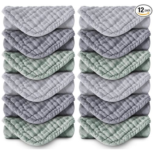 MOON PARK Baby Washcloths, 12 Pack - 12x12 Inches - 100% Cotton Muslin Ultra Soft for Newborn, Infant and Toddlers - Grey, Green and Slate