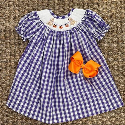 Smocked Halloween Dress with Puppies and Jack o’lantruns - Bishop Dress, Fall dress, baby girl 537 *G