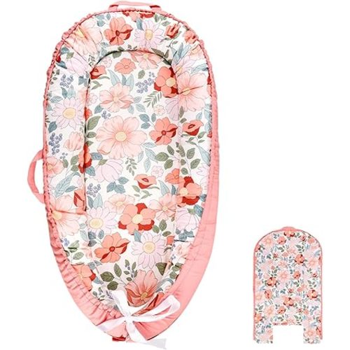 Baby Lounger Cover Girls, Cotton Newborn Nest Cover, Infant Lounger Replaceable Cover, Soft & Breathable, Reversible & Adjustable, Floral (Cover Only)