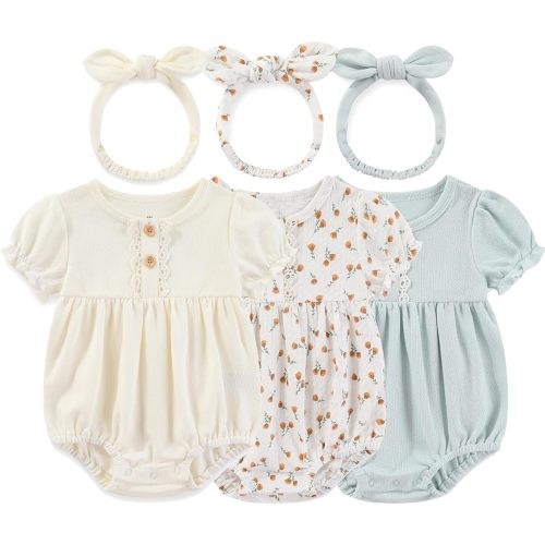 Baby Girl 3-Pack Bodysuit Soft Cotton Long Sleeve Bubble Romper Sets for Newborn Infant