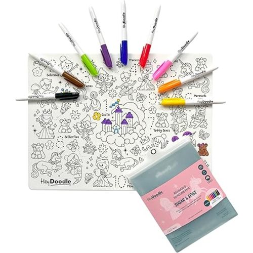 Sugar & Spice Classic Doodle Mat – Reusable Silicone Coloring Mat for Toddlers and Kids – Educational Fairy Tale Activity Pad with 9 Markers – Mess-Free Travel Toy – Ages 3-7