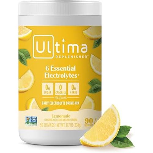 Ultima Replenisher Daily Electrolyte Powder Drink Mix – Sugar Free – Lemonade, 90 Servings – Hydration Powder with 6 Key Electrolytes and Trace Minerals – Keto Friendly, Vegan, Non-GMO