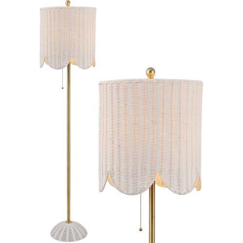 JONATHAN Y 63.5" White/Brass Gold LED Floor Lamp for Living Room Bedroom with Scalloped Rattan Shade, Coastal Bohemian Tall Standing Light, Pull Chain, LED Bulb Included (JYL1153B)
