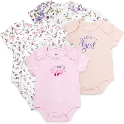 Baby Essentials Baby Girl 6 Pack Short Sleeve Bodysuit Romper, Baby Outfit Set, (3 months,Daddy's Girl Floral Print)