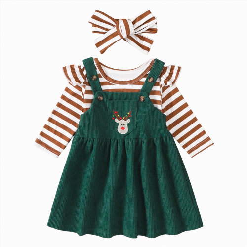 CAICJ98 Infant Christmas Outfit Girl Newborn Cute Santa Claus Sleeve Romper Overall Dress Infant Girls Fall Winter Skirt Set (Brown,6-12 Months)