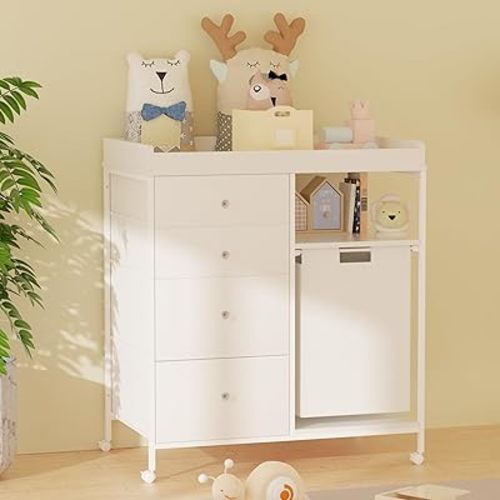 Diaper Changing Station with 4 Wheels Baby Nursery Dresser with 1 Open Shelf and 1 Laundry Hamper Baby Changing Station Dresser with Changing Table Top for Nursery