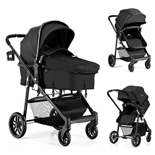 BABY JOY Baby Stroller, 2 in 1 Convertible Carriage Bassinet to Stroller, Pushchair with Foot Cover, Cup Holder, Large Storage Space, Wheels Suspension, 5-Point Harness (Gray)
