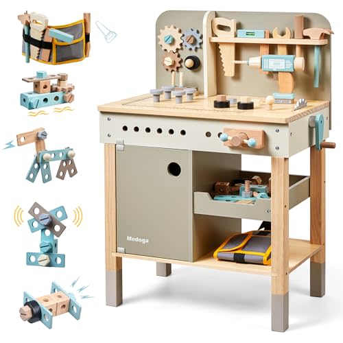 medoga Kids Tool Bench,Wooden Play Tools Set with Kids Tool Belt Workbench Pretend Construction Tools Set Wooden Toy Drill Gift for Boys & Girls Age 3-12