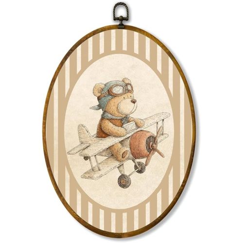 Teddy Bear Airplane Oval Wall Art, Aviation Nursery Canvas, 8.5x11.5