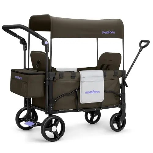 Stroller Wagon for 2 Kids, Baby Wagon Stroller with Adjustable Handle for Infants and Toddlers Includes Canopy & Organizer, Foldable and Convenient for Storage, Brown