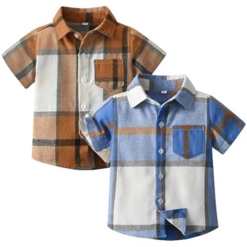 Feidoog Toddler 2 Pack Baby Boys Short Sleeve Plaid Shirts Button Down Top Outwear Clothes