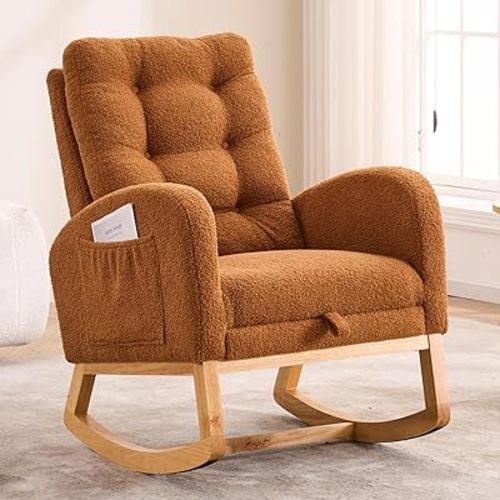 NIOIIKIT Rocking Chair Nursery, Teddy Upholstered Glider Chair with Footstool, Tufted Rocker Recliner Chair with Side Pocket, Comfy Glider Accent Chair for Living Room (Brown Teddy)