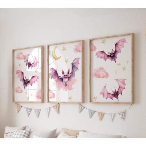 Set of 3 Pink Bat Prints, Pink Clouds Wall Art Set, Moon Posters, Modern Art, Stars Kids Bedroom Decor, Girl Nursery Decor, Playroom Prints