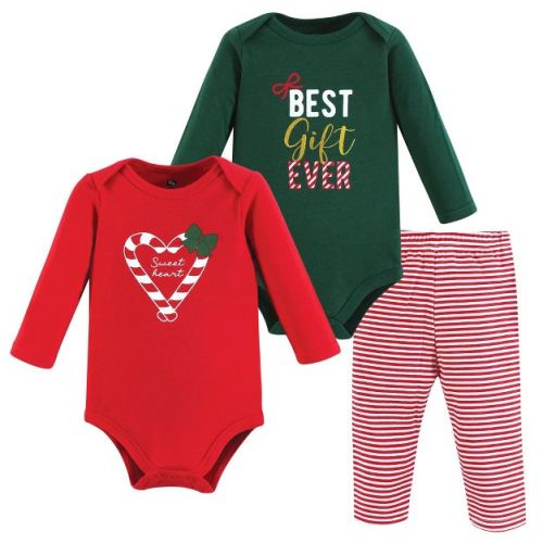 Hudson Baby Infant Girls Cotton Bodysuit and Pant Set, Candy Cane Sweetheart, 0-3 Months