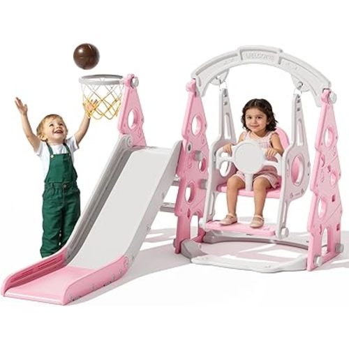 XJD 4-in-1 Toddler Slide and Swing Set, Kids Slide for Toddlers Age 1+, Toddler Outdoor Playset with Basketball Hoop, Swing, Christmas Birthday Gifts for Kids (Light Pink)
