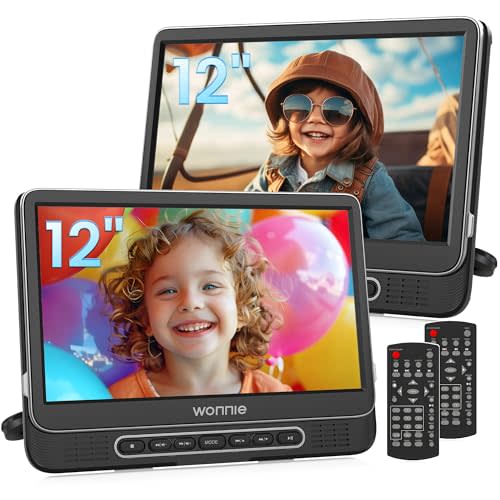 WONNIE 12" Dual Car DVD Players Portable DVD Players for Car Headrest Play the Same or Two Different Movies with 5-Hour Rechargeable Battery, Mounting Brackets, All Regions, Support USB/Sync TV