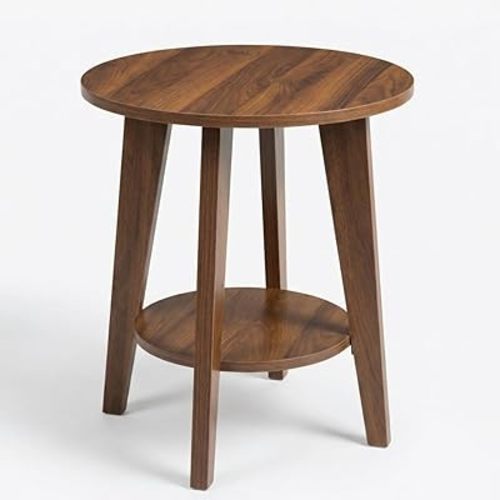 Small Round Side Table - 17.7" Cute End Table with 2-Tier Storage - Waterproof Low Nightstand for Kids Room, Nursery, Small Spaces, Plant Stand & Bean Bag (Walnut)