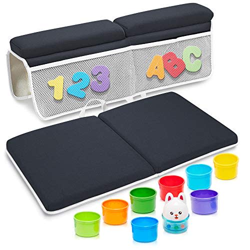 Baby Bath Kneeler and Elbow Rest Pad Set - Bathtub Kneeler Pad - Baby Bath Mat Knee Pad for Bath Kneeling -Kneeling Pad for Bathing Baby -Bonus Bath Toy Storage, Foam Letters & Numbers, Stacking Cups