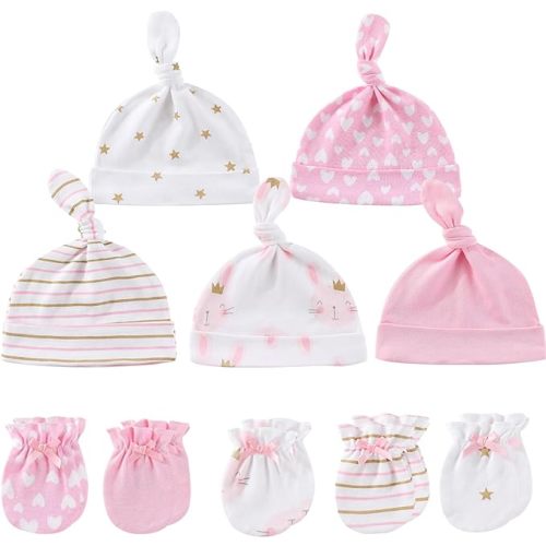 Baby Hat and Mittens Set Newborn Baby Hats Caps for Baby Boys Girls 0-6 Months 100% Cotton