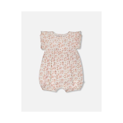 Baby Girl's Organic Cotton Pointelle Romper With Frills Printed White And Pink Flowers