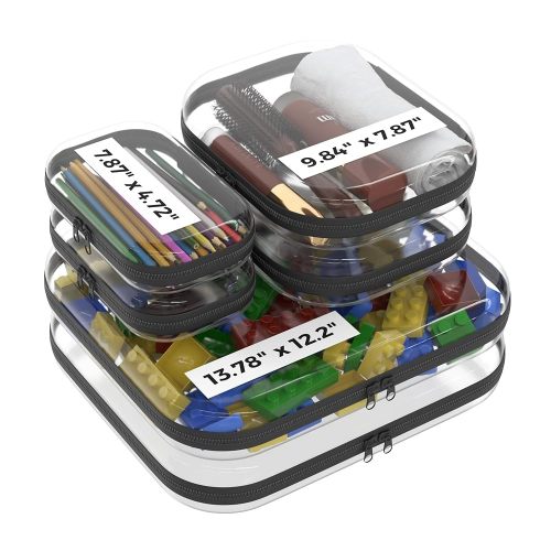 Extra Large 13.7" Durable Clear Travel Organizer Bags 6 Pack, 2x Large, 2x Medium, 2x Small, Clear Hard Shell Zipper Case, Hard Plastic Travel Toiletry Bag for Women, Toy & Make Up Organizer Pouch