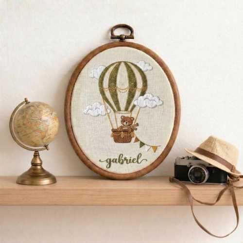 Personalized Baby Bear Embroidered Hoop, Custom Name Hot Air Balloon Nursery Decor, Baby Shower Gift, Newborn Wall Art, Hanging Keepsake