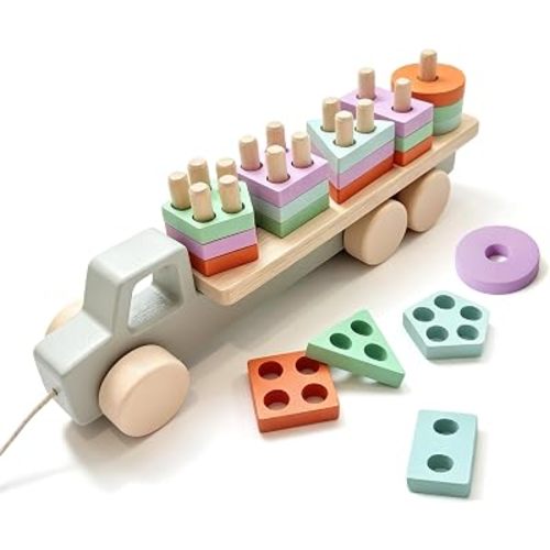 Montessori Toys for 1 Year Old, Birthday Gifts for 12 Months+ Boy Girl, Toddler Learning Toys, Wooden Pull Along Shape Sorter Truck with Pull Cord, 20-Piece Stacking Puzzle, Macaron