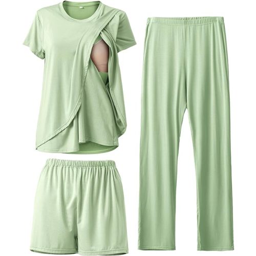 Rnxrbb 3 Piece Postpartum Nursing Pajamas Set Casual Soft Maternity Breastfeeding Pjs Sleepwear Loungewear Clothes Layer