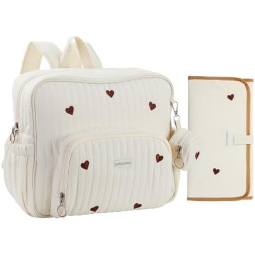 GOBABYMART Diaper Bag Backpack with Changing Pad - Travel Baby Bag, Insulated Bottle Pockets, Stroller Straps (Medium - Beige Hearts)