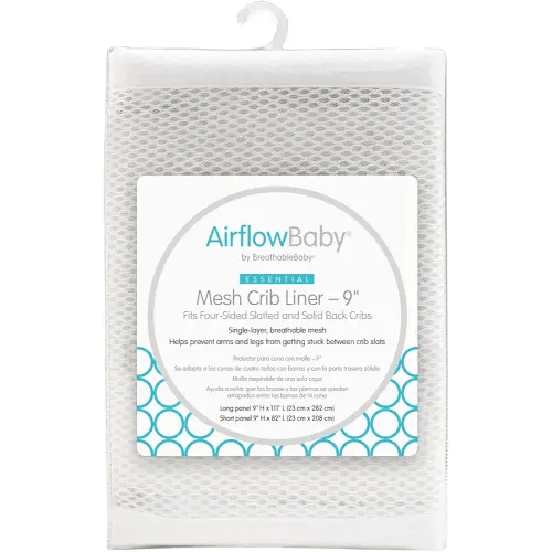 AirflowBaby Breathable Mesh Liner for Full-Size Cribs, 9"H (23cm) Essential 2mm Mesh, White (Size 4FS Covers 3 or 4 Sides)