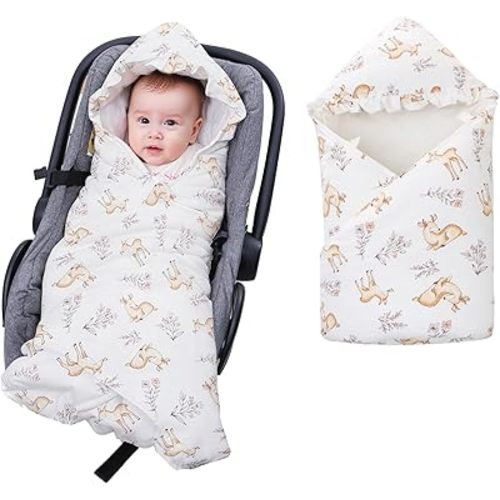 LAT LEE AND TOWN Winter Baby Car Seat Blanket for Newborn,35"x35"Universal Baby Wrap Blanket with Ruffle Hood,Winter Thickening Double Sided Cotton for Infants,Blankets for Stroller(Deer Flowers)
