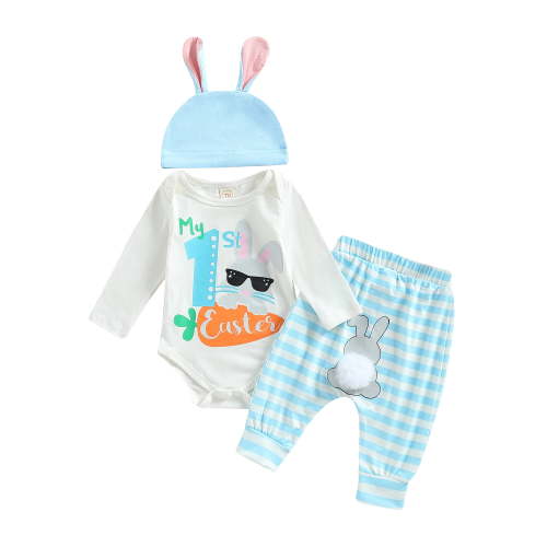Infant Baby Girl Easter Day Clothes Set My 1st Easter Printed 3 6 9 12 Months Long Sleeve Romper Long Pants Bunny Ears Hat
