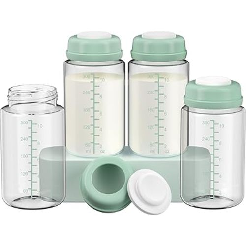 4 Pack 10oz Wide-mouth Breastmilk Storage Bottle for Momcozy 22oz Portable Breast Milk Cooler, Pumping Storage Containers Compatible with Spectra S1/S2/9 Plus/SG/Motif Luna (4PC/Green Lids)